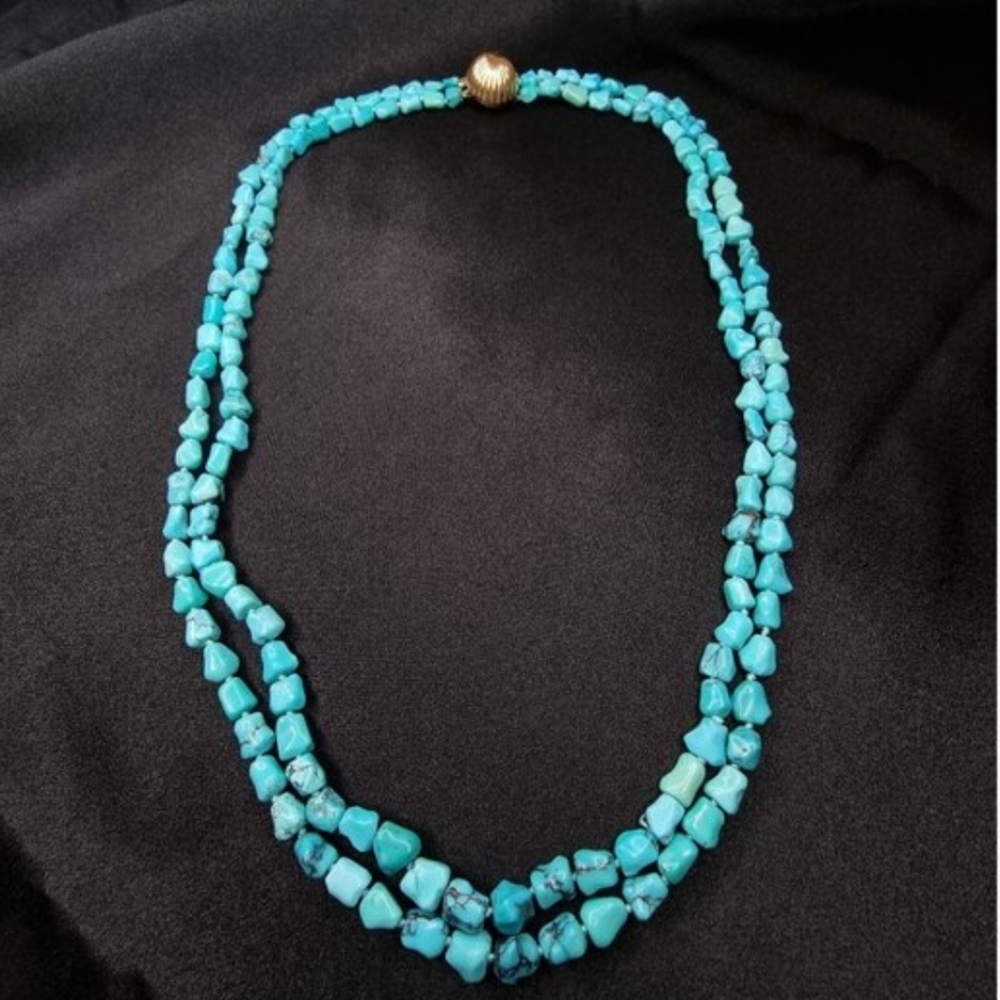 14k Vintage Turquoise Nuggets and Gold Beaded Necklace - Picture 5 of 11